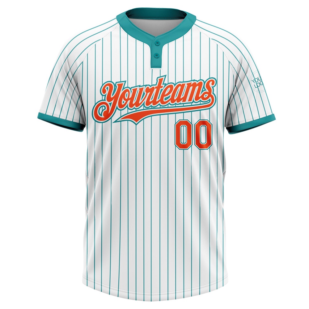 White Teal Pinstripe Orange Two Button Unisex Softball Jersey, Custom Team Softball Jersey