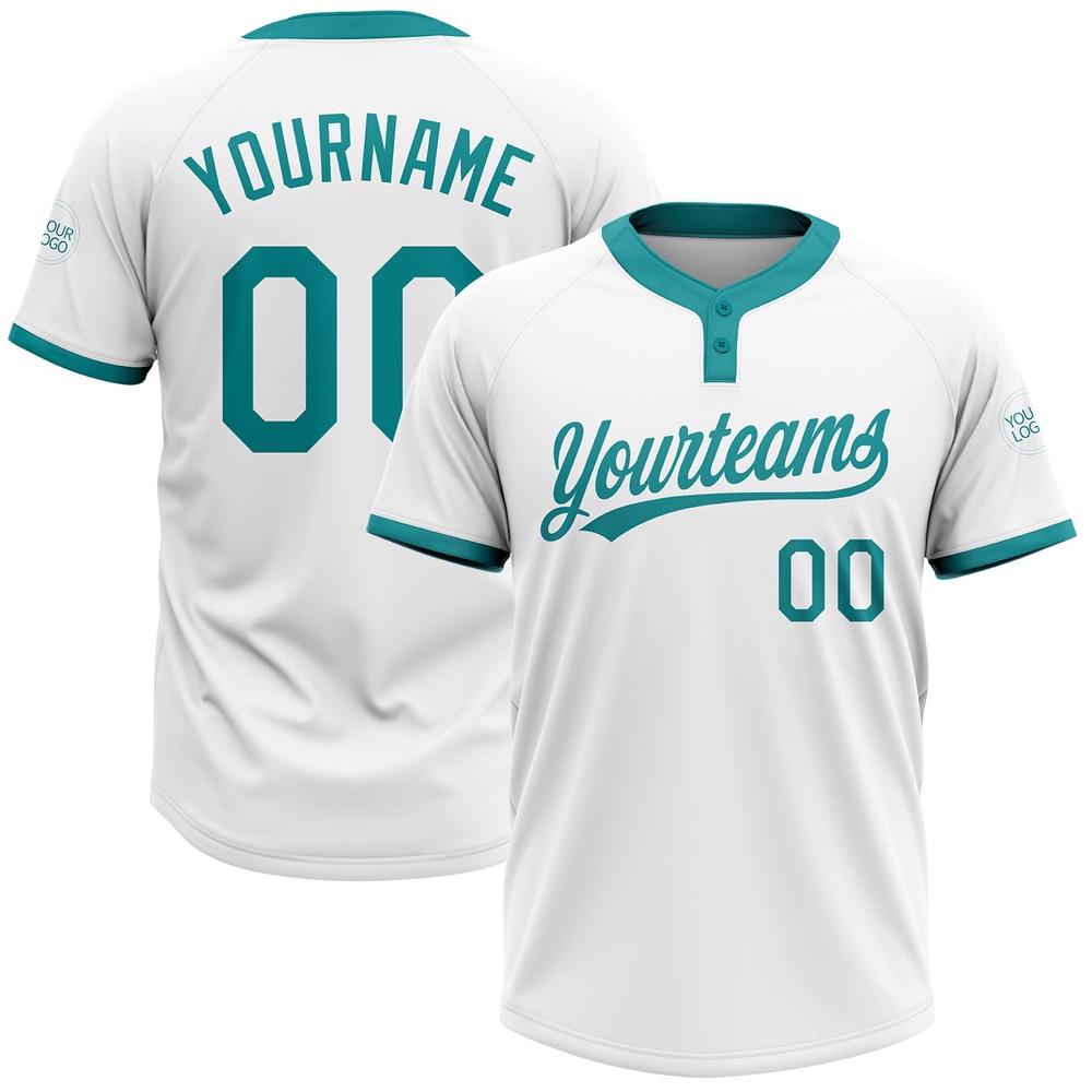 White Teal Two Button Unisex Softball Jersey, Custom Team Softball Jersey