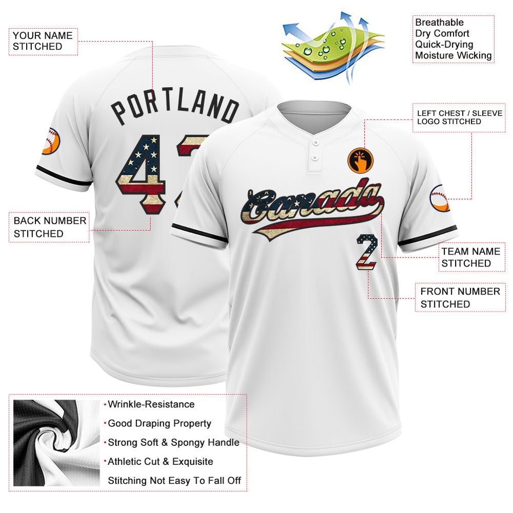 White Vintage USA Flag Black Two Button Unisex Softball Jersey, Custom Team Softball Jersey