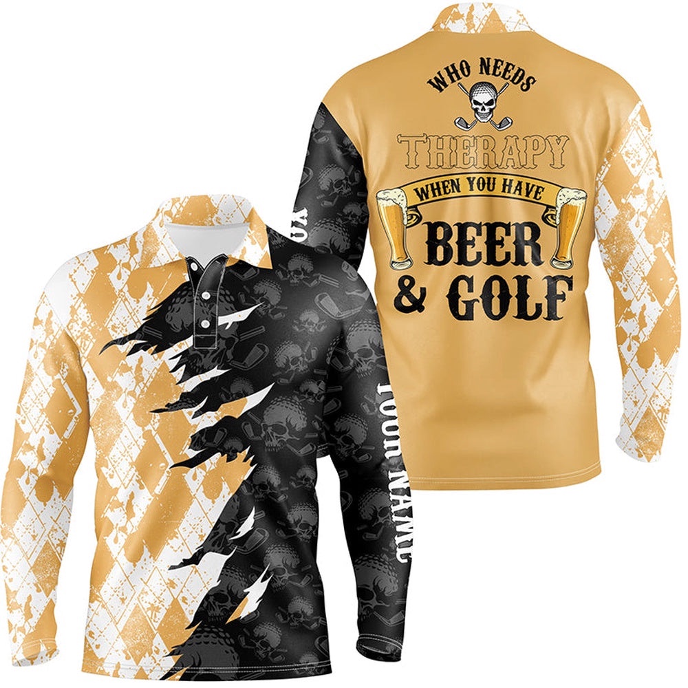 Who Needs Therapy Argyle Pattern Skull Golf Men’s Polo Shirt Drinking Beer Golf Shirts For Men, Golf Polo Shirt, Golf Shirts