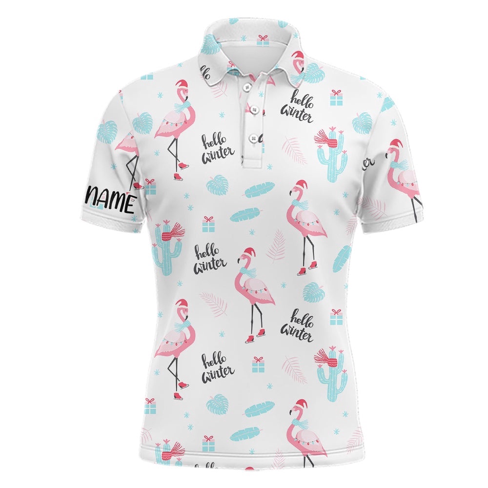 Winter Flamingo Christmas Golf Polo Shirts Men’s Funny Golf Tops Best Golf Gifts For Male, Golf Polo Shirt, Golf Shirts