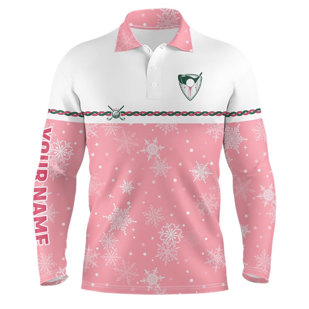 Winter Snowflakes Pink Christmas Golf Men’s Polo Shirt Custom Cute Golf Gifts For Men Golf Outfit, Golf Polo Shirt, Golf Shirts