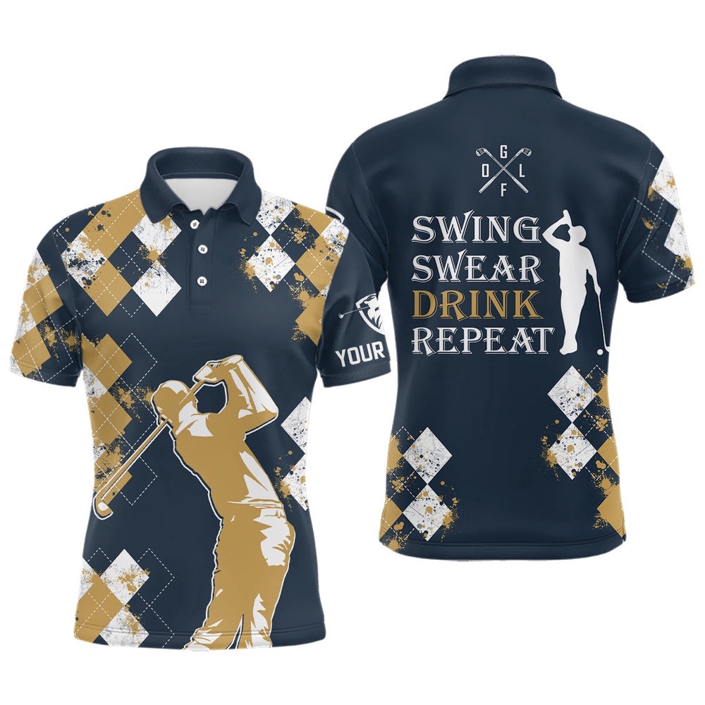 Yellow Agryle Pattern Men’s Golf Polo Shirts Custom Swing Swear Drink Repeat Vintage Ladies Golf Navy, Golf Polo Shirt, Golf Shirts
