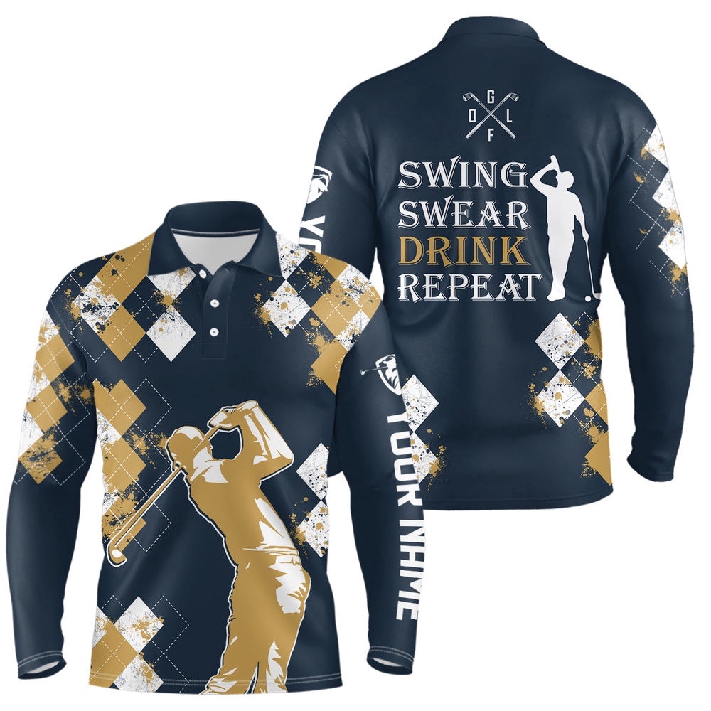 Yellow Agryle Pattern Men’s Golf Polo Shirts Custom Swing Swear Drink Repeat Vintage Ladies Golf Navy, Golf Polo Shirt, Golf Shirts