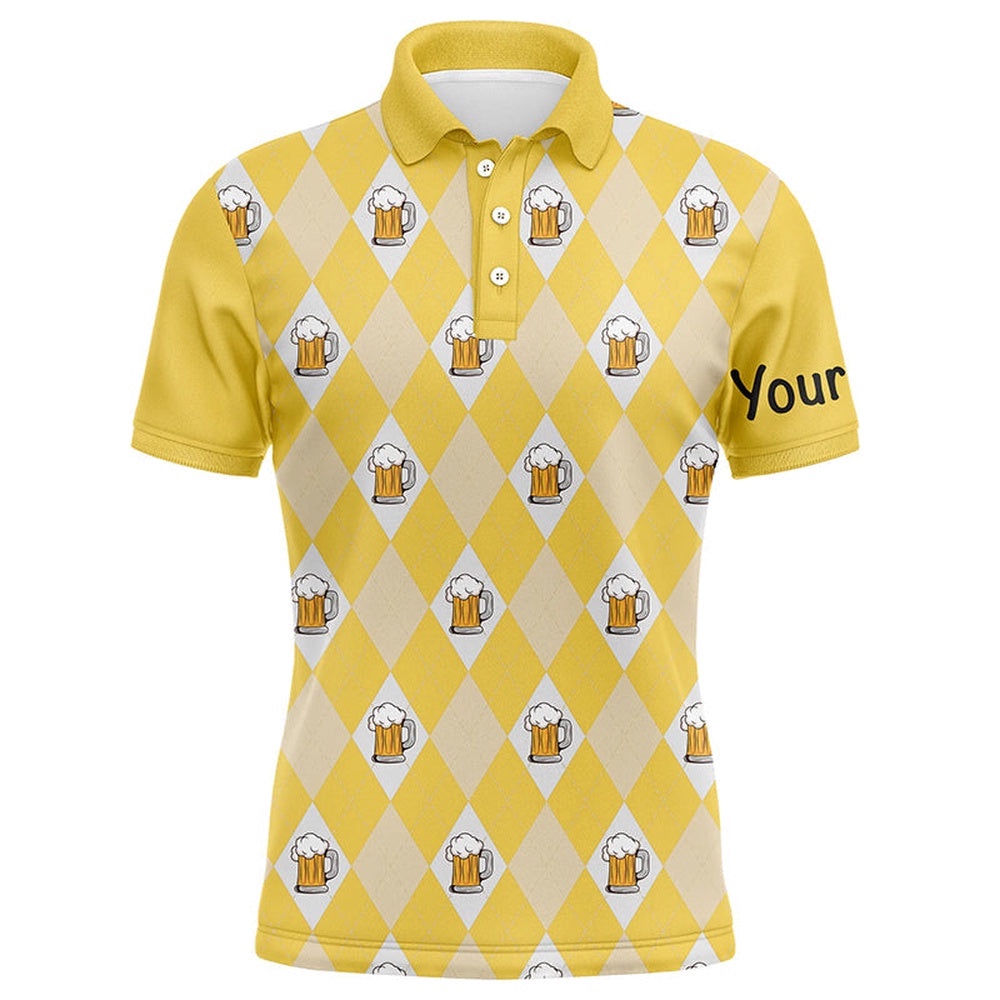 Yellow Argyle Plaid Beer Pattern Men’s Golf Polo Shirts Custom Golf Attire For Men, Men’s Golf Apparel, Golf Polo Shirt, Golf Shirts