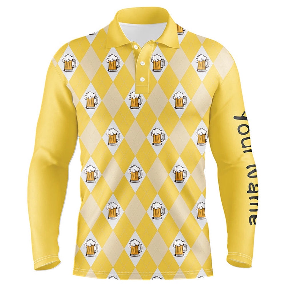 Yellow Argyle Plaid Beer Pattern Men’s Golf Polo Shirts Custom Golf Attire For Men, Men’s Golf Apparel, Golf Polo Shirt, Golf Shirts