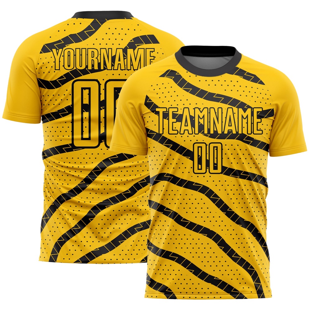 Yellow Black Lines And Dots Sublimation Soccer Uniform Jersey, Custom Team Soccer Jersey Shirt