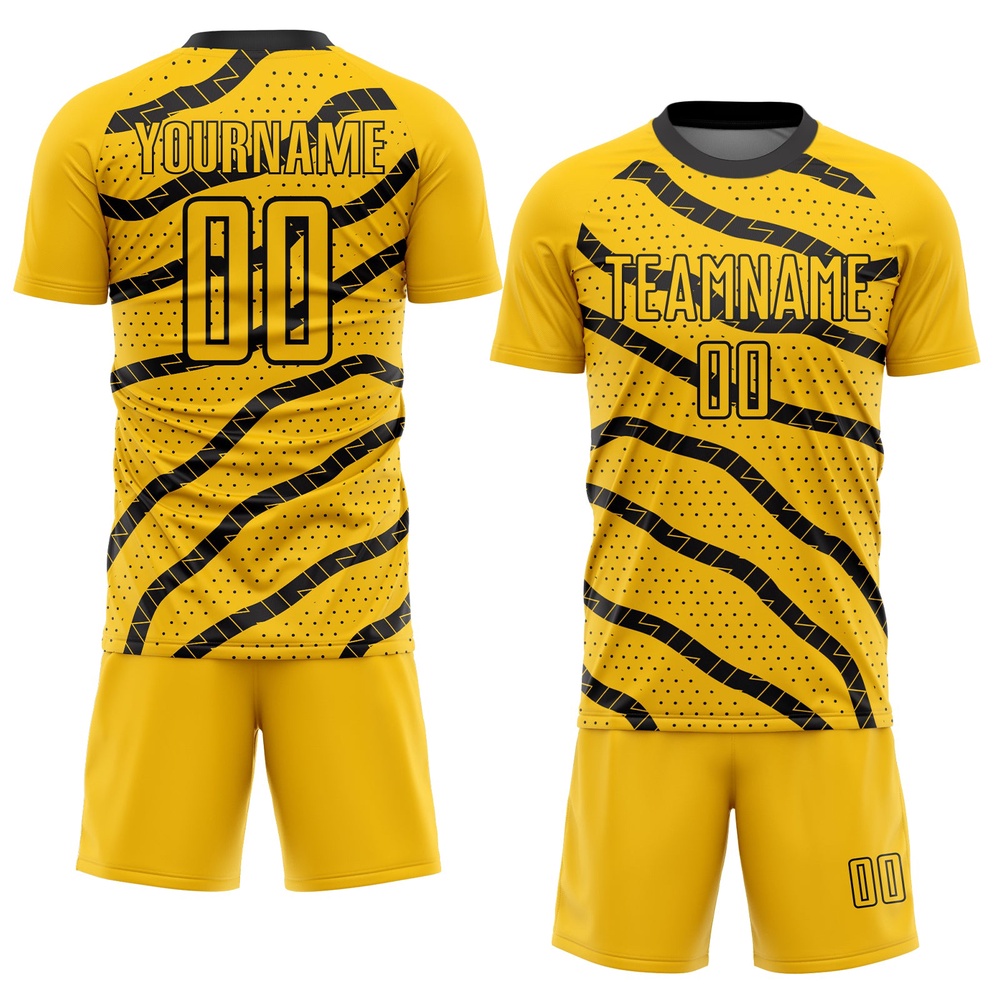 Yellow Black Lines And Dots Sublimation Soccer Uniform Jersey, Custom Team Soccer Jersey Shirt