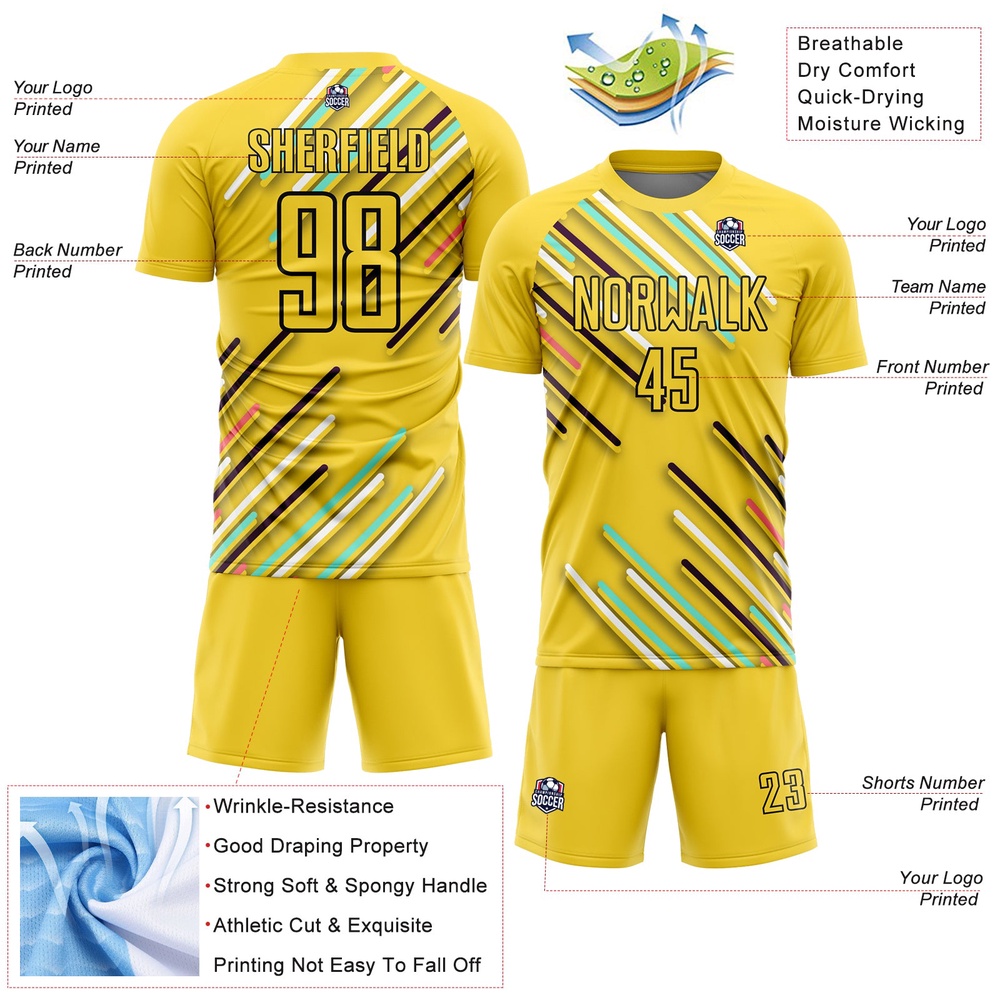 Yellow Black Lines Sublimation Soccer Uniform Jersey, Custom Team Soccer Jersey Shirt