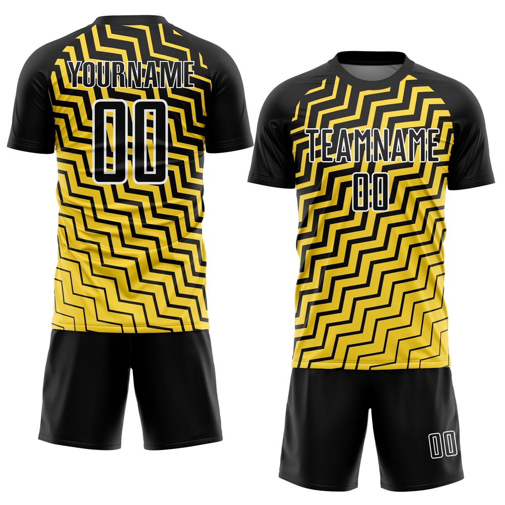 Yellow Black White Geometric Lines Sublimation Soccer Uniform Jersey, Custom Team Soccer Jersey Shirt