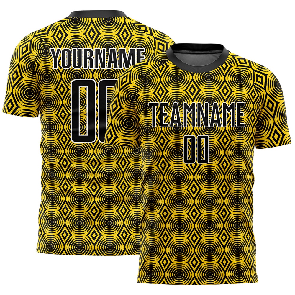 Yellow Black White Geometric Shapes Sublimation Soccer Uniform Jersey, Custom Team Soccer Jersey Shirt