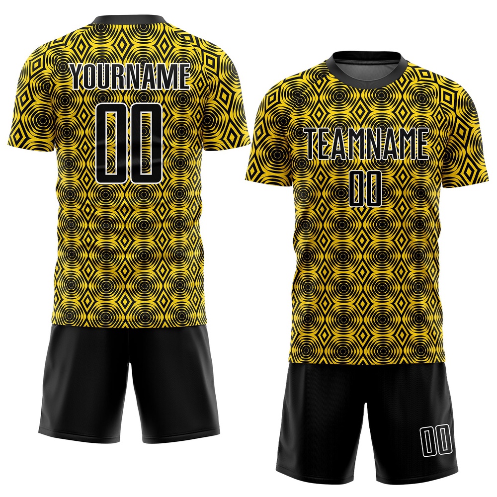 Yellow Black White Geometric Shapes Sublimation Soccer Uniform Jersey, Custom Team Soccer Jersey Shirt