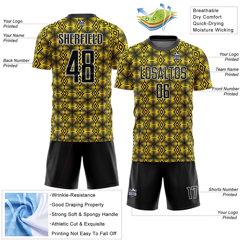 Yellow Black White Geometric Shapes Sublimation Soccer Uniform Jersey, Custom Team Soccer Jersey Shirt