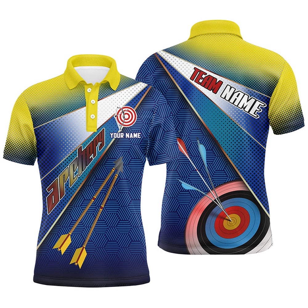 Yellow Blue Target Archery Polo Shirts For Men, Custom Arrows Archery Team Shirts, Custom Archery Team Polo Shirt