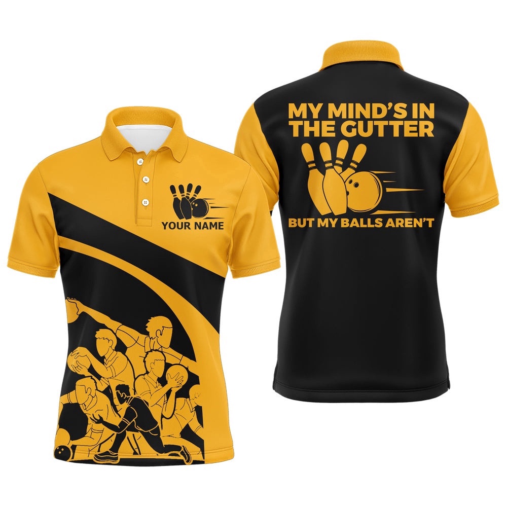 Yellow Bowling Shirt For Men, Name Vintage Bowler Polo Shirt, My Mind’S In The Gutter, Personalized Bowling Team Shirt