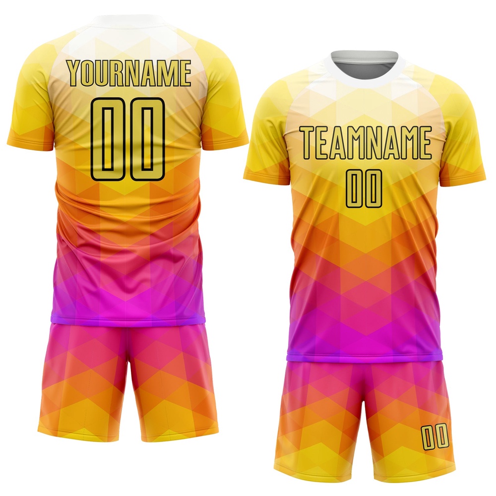 Yellow Hot Pink Black Geometric Shapes Sublimation Soccer Uniform Jersey, Custom Team Soccer Jersey Shirt
