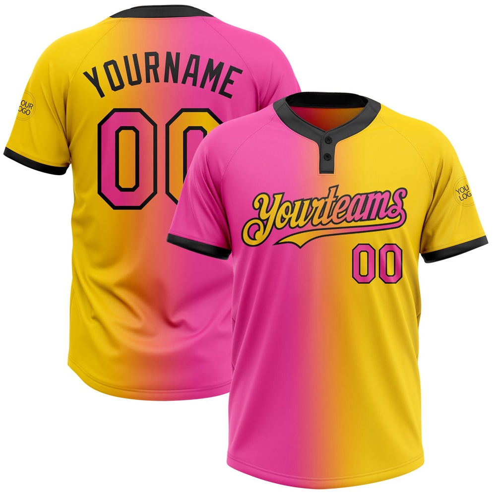 Yellow Pink Black Gradient Fashion Two Button Unisex Softball Jersey, Custom Team Softball Jersey