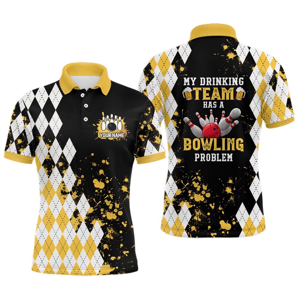 Yellow Retro Bowling Polo Shirts For Men Custom My Drinking Team Has A Bowling Problem, Personalized Bowling Team Shirt