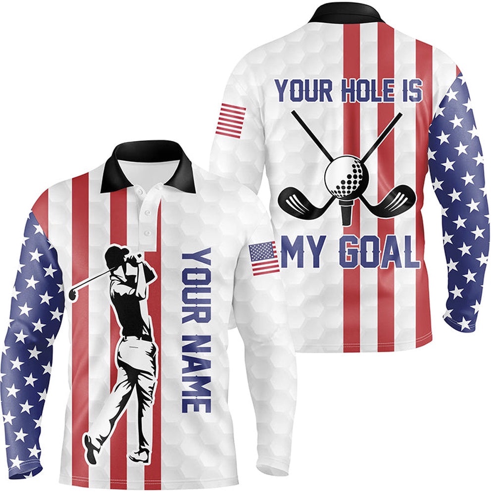 Your Hole Is My Goal American Flag Golf Men’s Polo Shirts Custom Patriotic Golf Shirts For Men, Golf Polo Shirt, Golf Shirts
