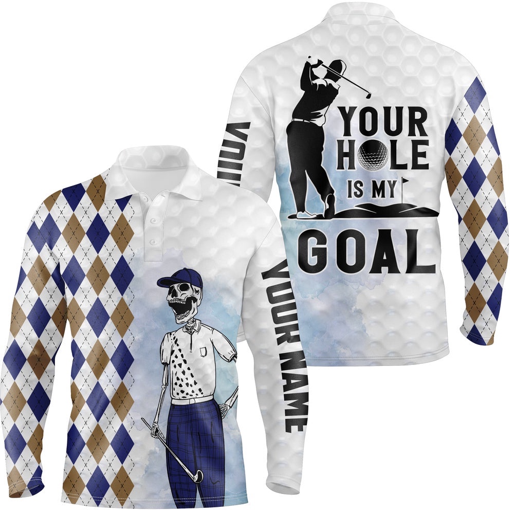 Your Hole Is My Goal Argyle Pattern Skull Golf Shirts Scary Golf Tops For Men Golf Gifts, Golf Polo Shirt, Golf Shirts