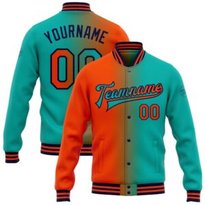 Custom Aqua Orange Navy Bomber Full Snap&hellip;