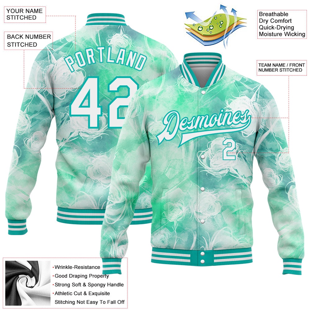 Custom Aqua White Halo Dying Rose 3D Pattern Design Bomber Full Snap Baseball Jacket, Custom Team Jacket