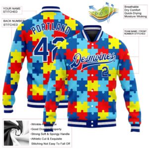 Custom Autism Awareness Puzzle Pieces Royal White 3D Bomber Full Snap Baseball Jacket Custom Team Jacket 2 iakv08.jpg