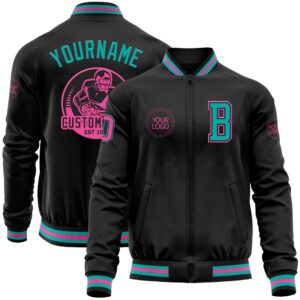 Custom Black Aqua Pink Bomber Varsity Baseball&hellip;