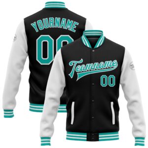 Custom Black Aqua White Bomber Full Snap&hellip;