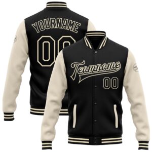 Custom Black Cream Bomber Full Snap Varsity&hellip;
