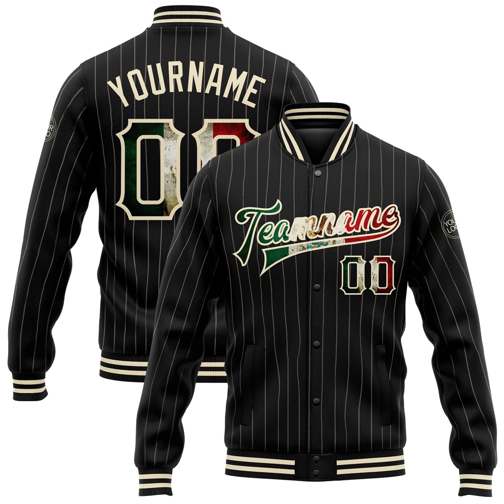 Custom Black Cream Pinstripe Vintage Mexican Flag Bomber Full Snap Baseball Jacket, Custom Team Jacket