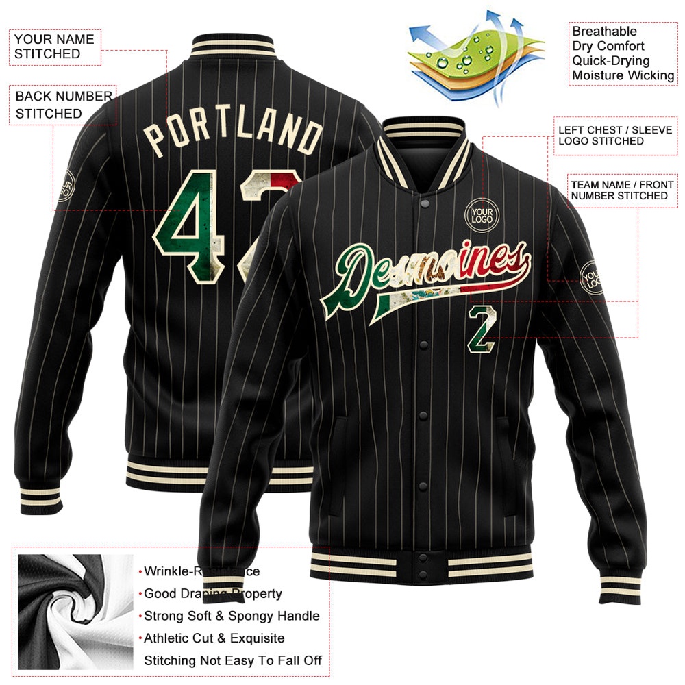 Custom Black Cream Pinstripe Vintage Mexican Flag Bomber Full Snap Baseball Jacket, Custom Team Jacket