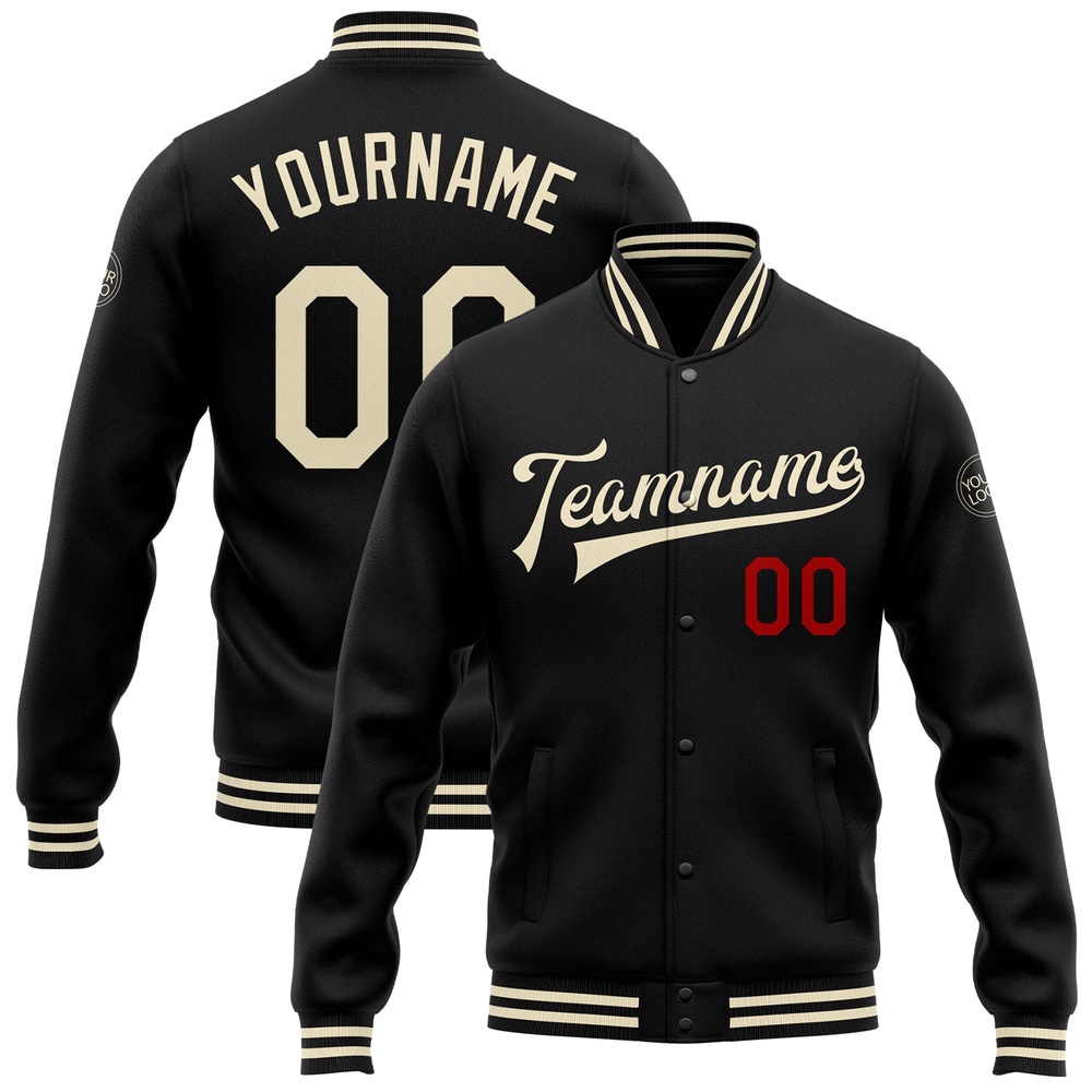 Custom Black Cream Red Bomber Full Snap Baseball Jacket, Custom Team Jacket