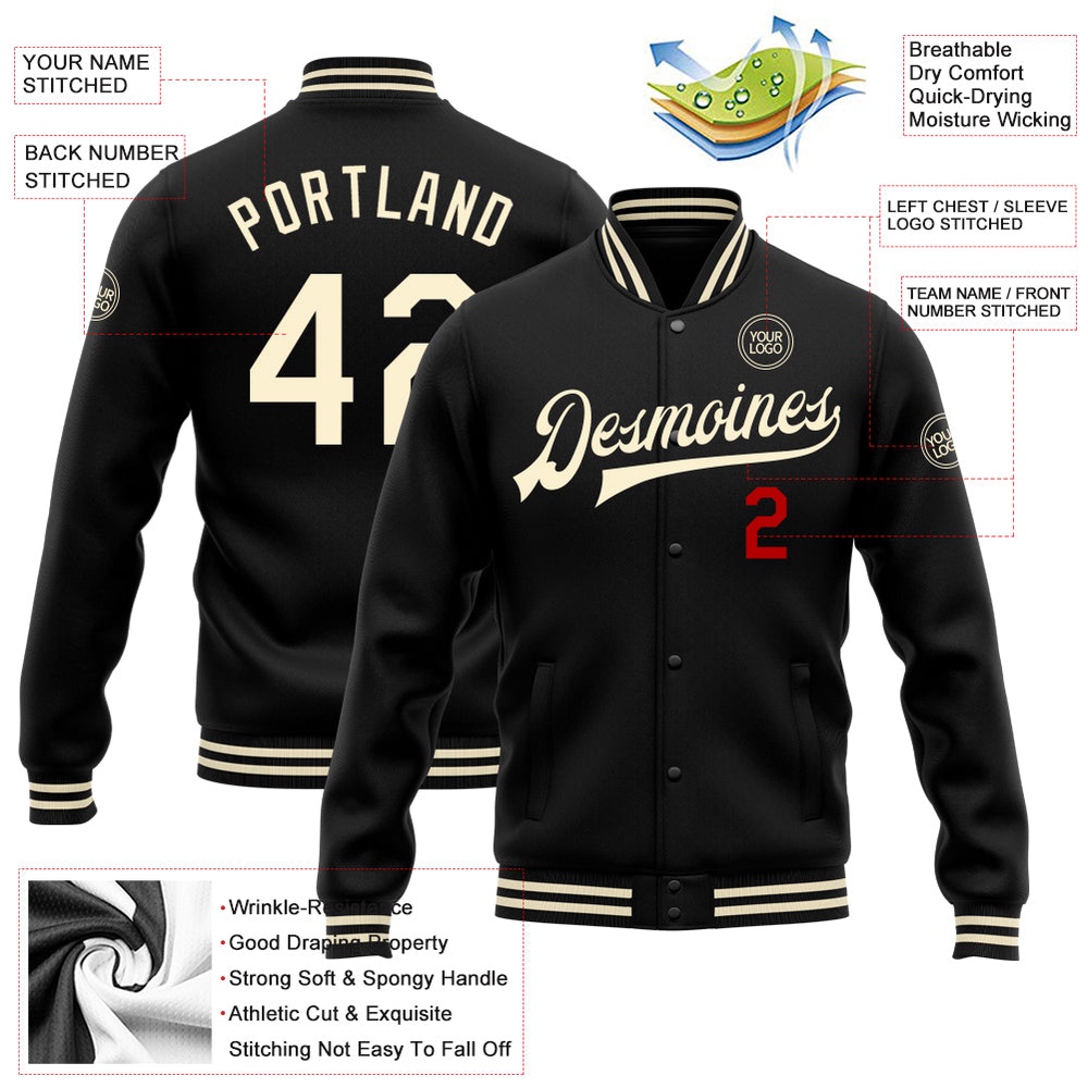 Custom Black Cream Red Bomber Full Snap Baseball Jacket, Custom Team Jacket