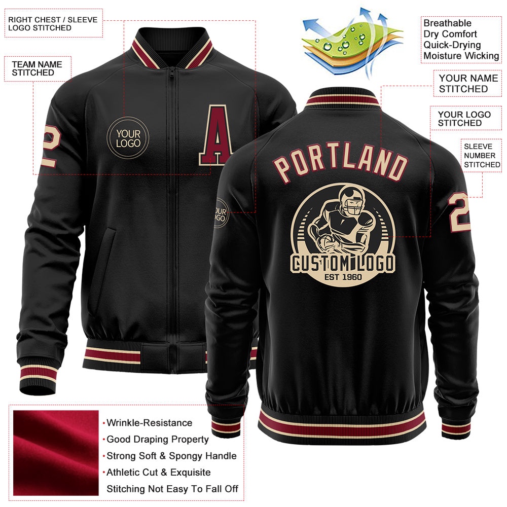 Custom Black Crimson City Cream Bomber Varsity Baseball Jacket, Custom Team Jacket