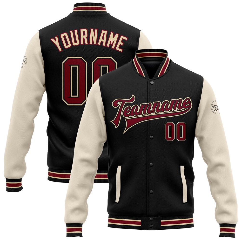 Custom Black Crimson City Cream Cream Bomber Full Snap Varsity Baseball Jacket, Custom Team Jacket