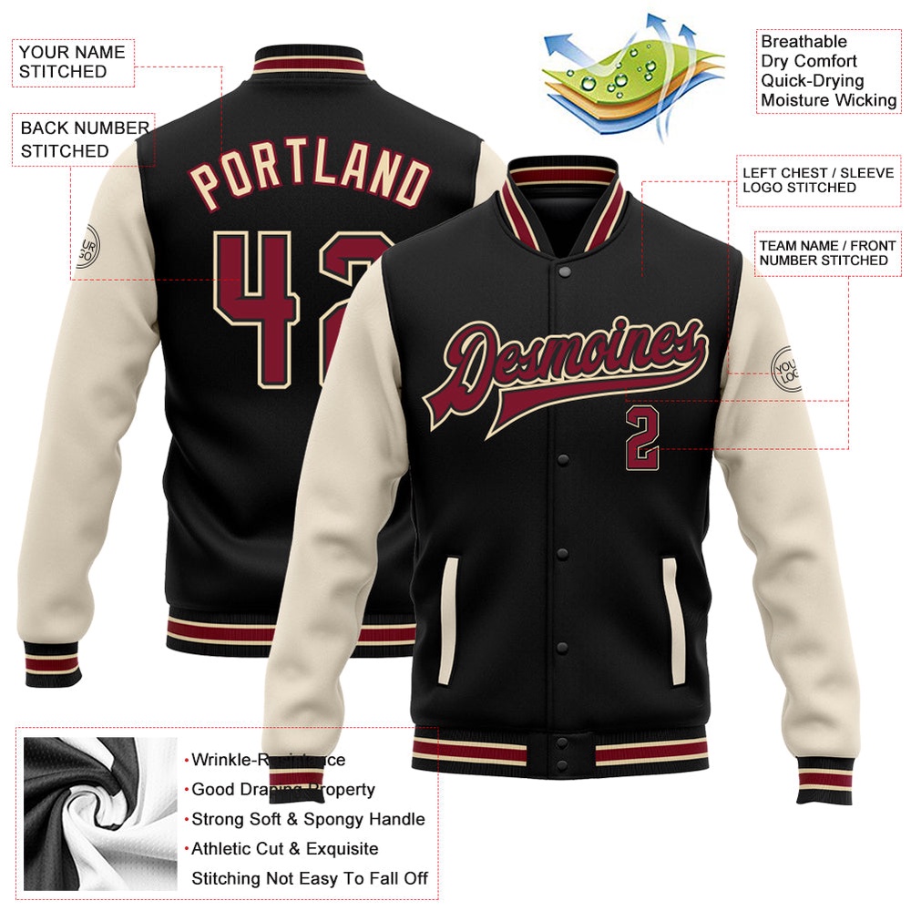 Custom Black Crimson City Cream Cream Bomber Full Snap Varsity Baseball Jacket, Custom Team Jacket