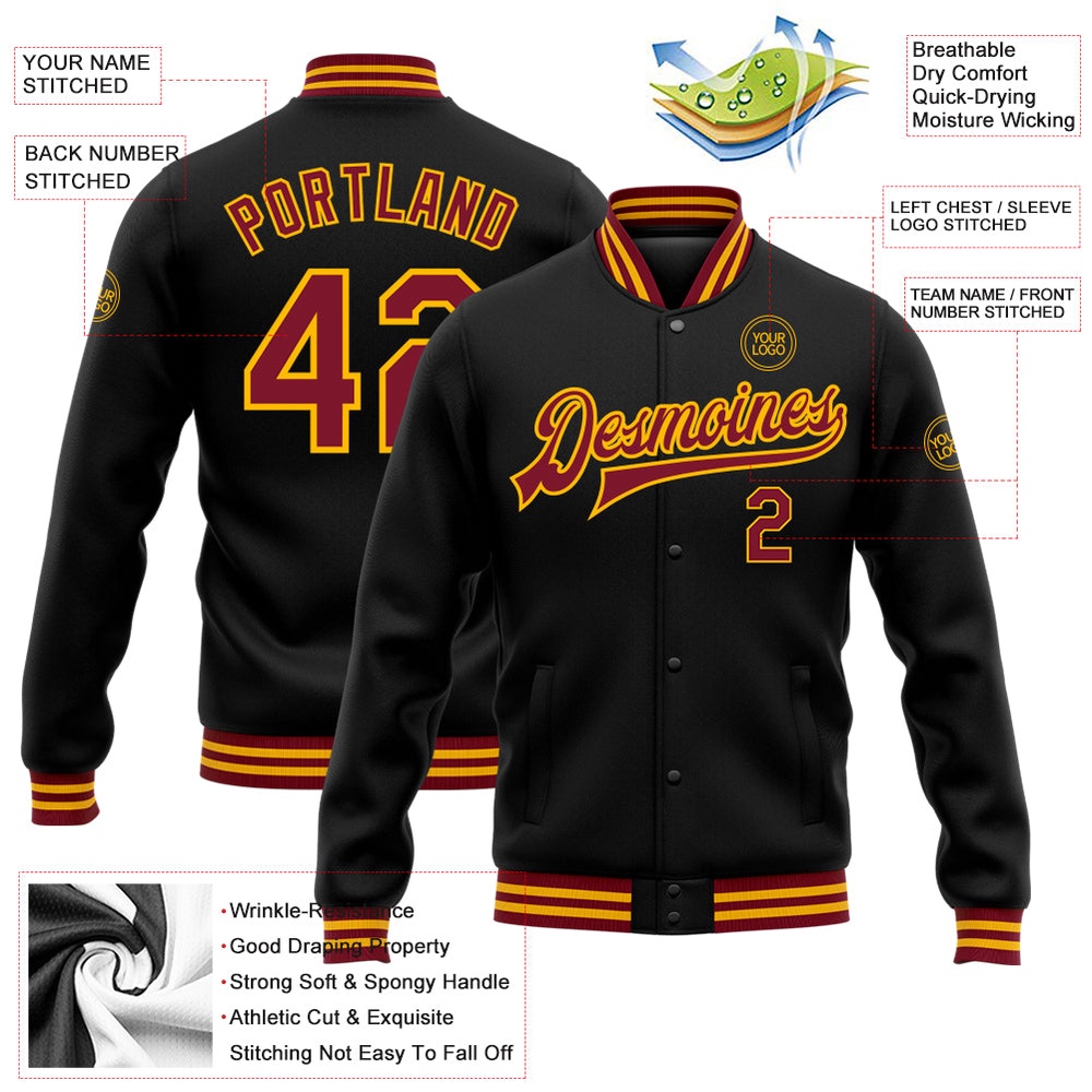 Custom Black Crimson Gold Bomber Full Snap Baseball Jacket, Custom Team Jacket
