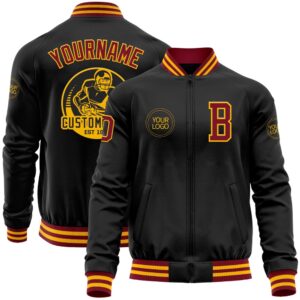 Custom Black Crimson Gold Bomber Varsity Baseball&hellip;