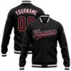 Custom Black Crimson White Bomber Full Snap Varsity Baseball Jacket, Custom Team Jacket