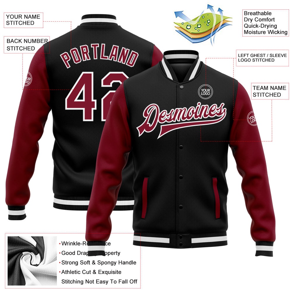 Custom Black Crimson White Bomber Full Snap Varsity Baseball Jacket, Custom Team Jacket