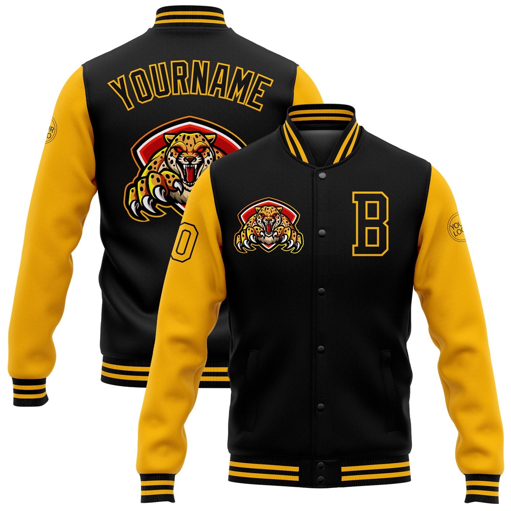 Custom Black Gold 3D Pattern Design Bomber Full Snap Baseball Jacket, Custom Team Jacket