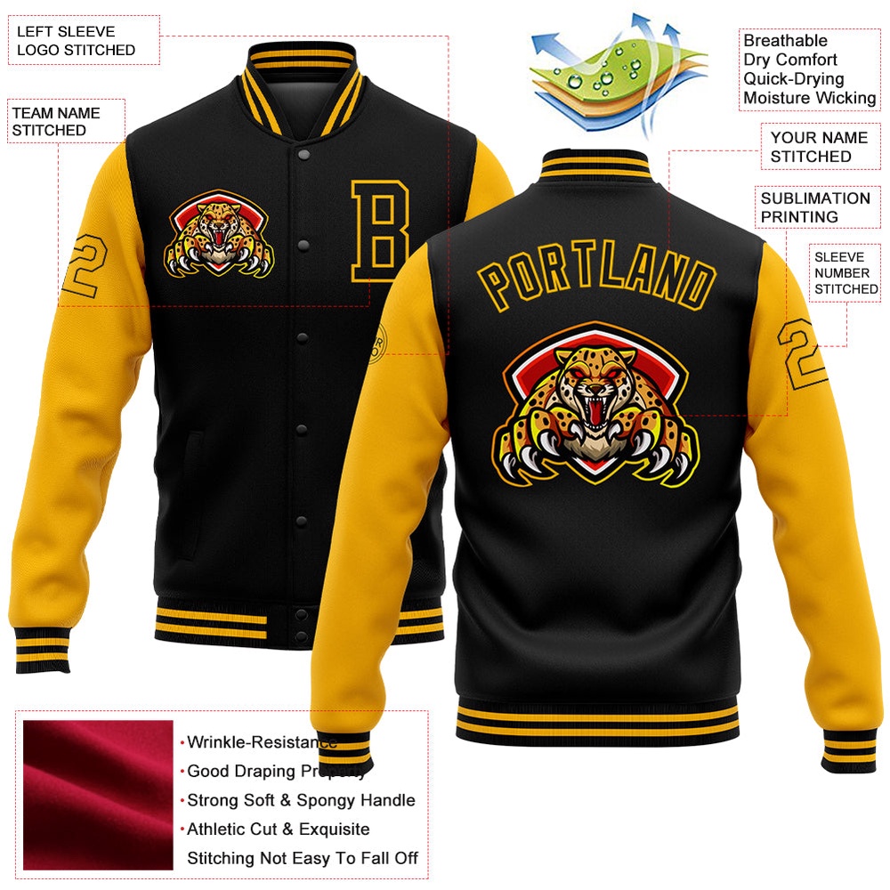 Custom Black Gold 3D Pattern Design Bomber Full Snap Baseball Jacket, Custom Team Jacket