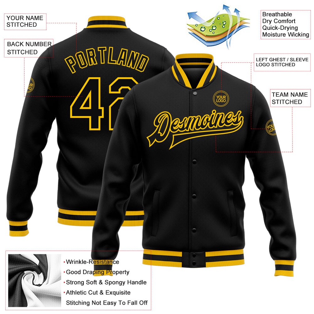 Custom Black Gold Bomber Full Snap Baseball Jacket, Custom Team Jacket