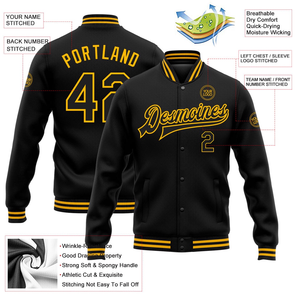 Custom Black Gold Bomber Full Snap Baseball Jacket, Custom Team Jacket
