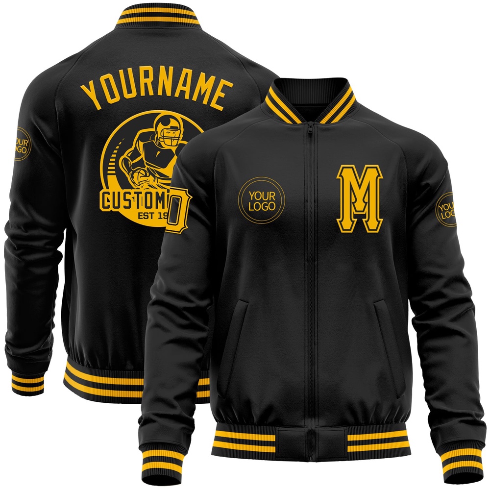 Custom Black Gold Bomber Varsity Baseball Jacket, Custom Team Jacket