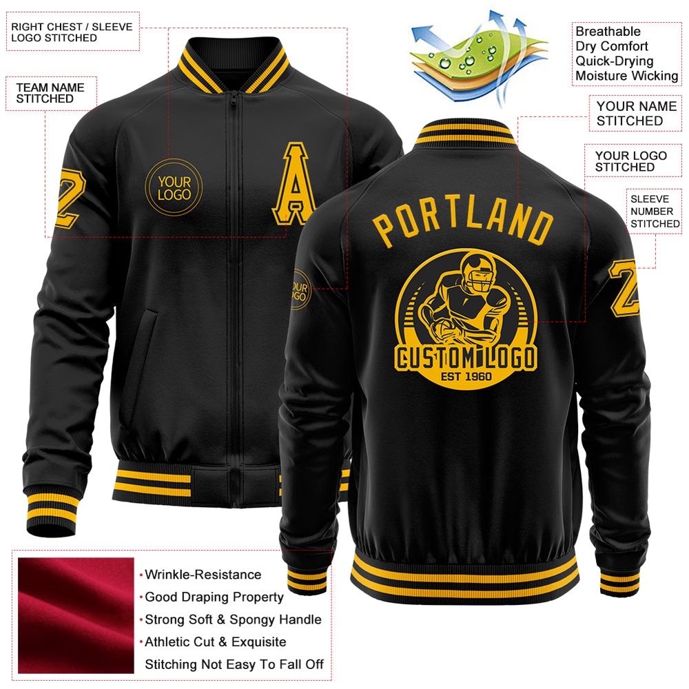 Custom Black Gold Bomber Varsity Baseball Jacket, Custom Team Jacket