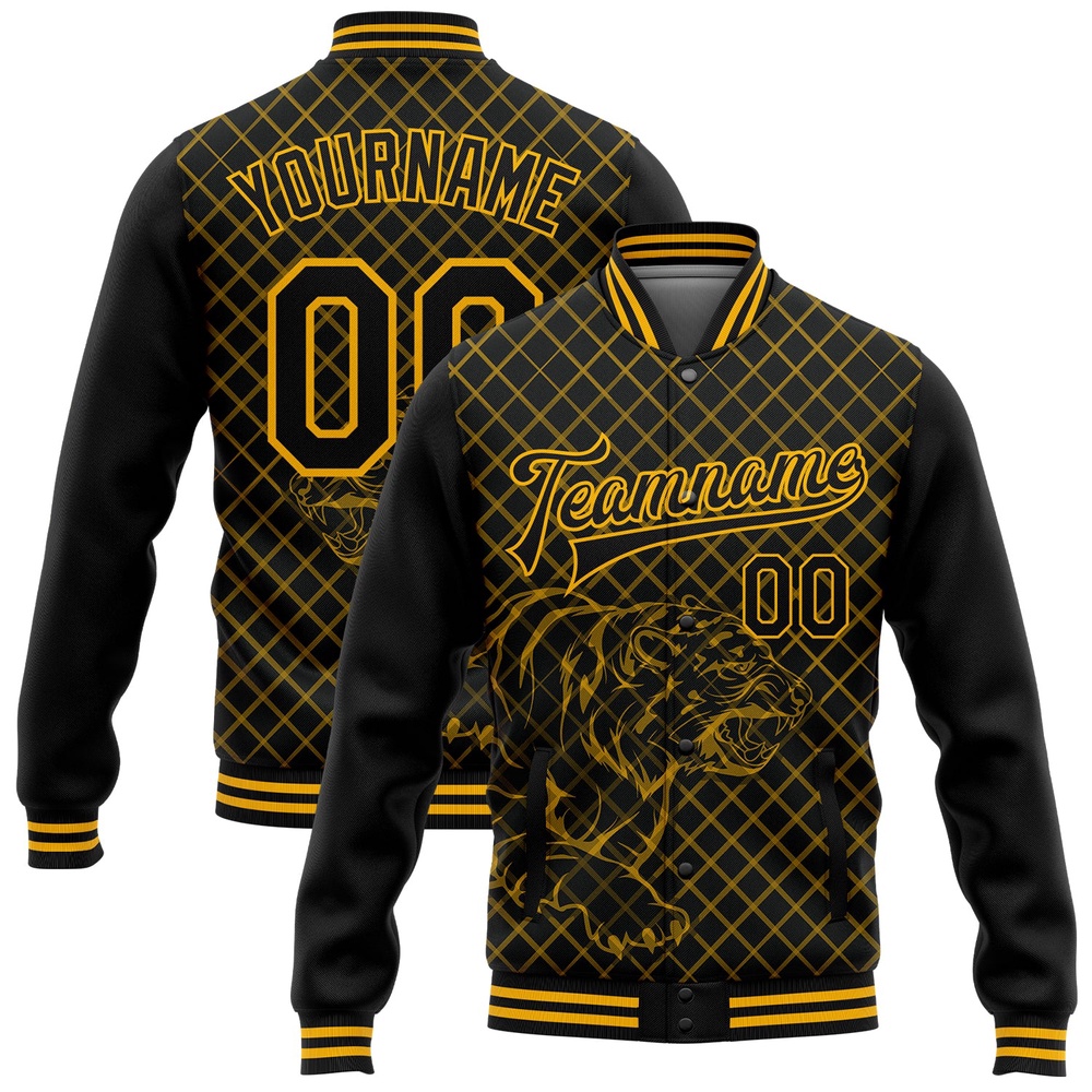 Custom Black Gold Check And Tiger 3D Pattern Design Bomber Full Snap Baseball Jacket, Custom Team Jacket