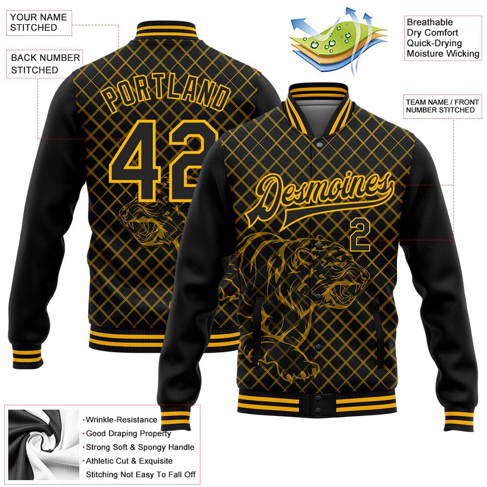 Custom Black Gold Check And Tiger 3D Pattern Design Bomber Full Snap Baseball Jacket, Custom Team Jacket