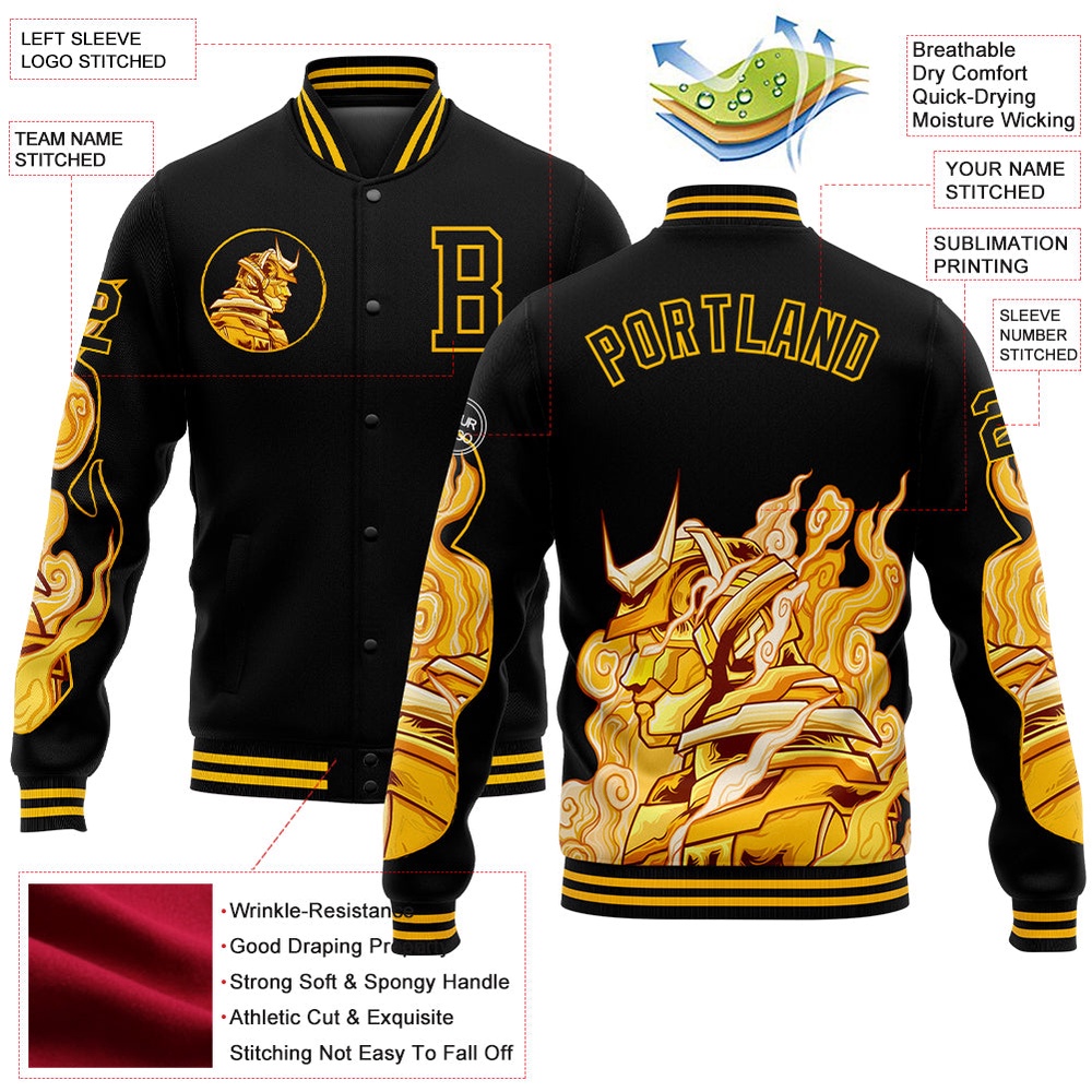 Custom Black Gold Courage Samurai 3D Pattern Design Bomber Full Snap Baseball Jacket, Custom Team Jacket